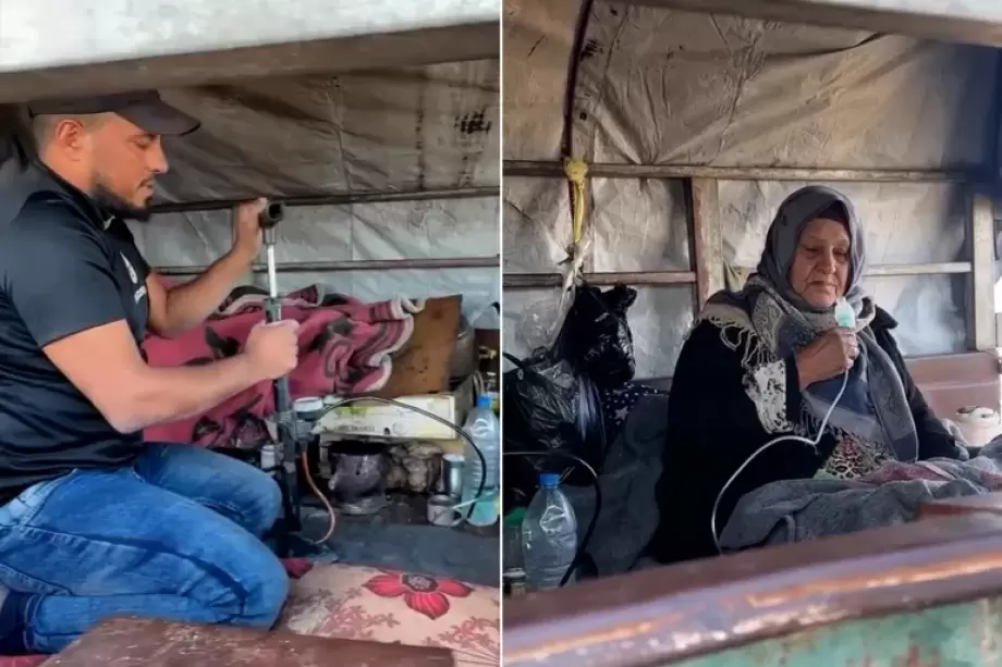 المسنة أبو سعادة ..  منفاخ دراجات يمنحها الحياة داخل عربة متهالكة