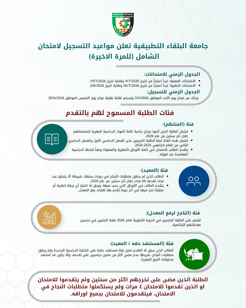 جامعة البلقاء التطبيقية تعلن مواعيد التسجيل لامتحان الشامل (للمرة الاخيرة)  