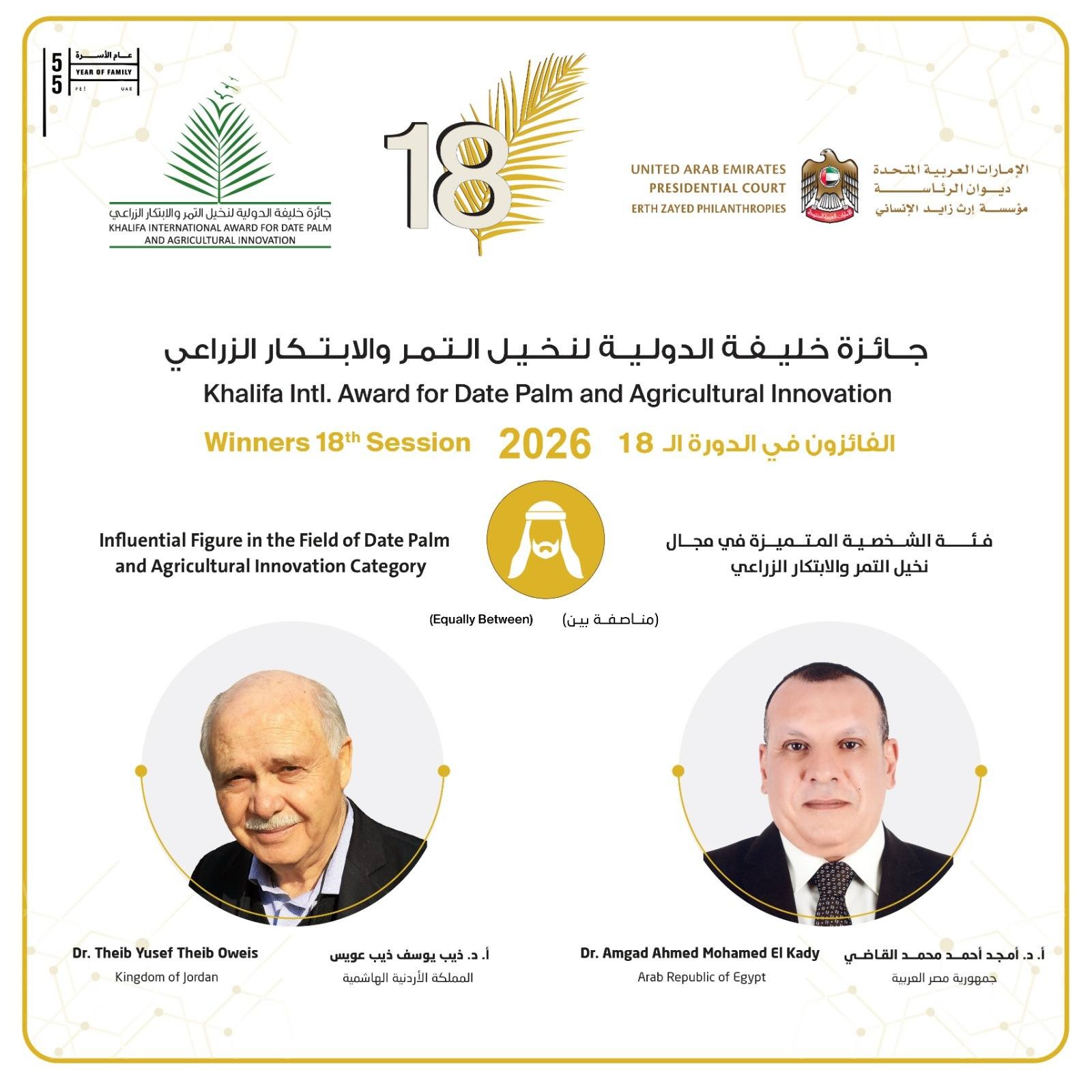 عالم أردني يفوز بجائزة خليفة الدولية لنخيل التمر والابتكار الزراعي