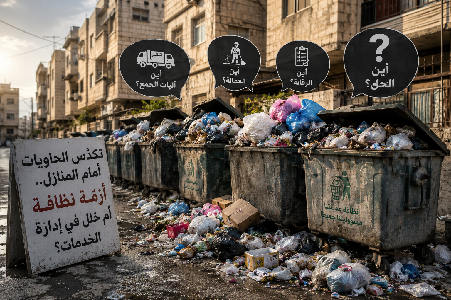تكدّس الحاويات أمام المنازل ..  أزمة نظافة أم خلل في إدارة الخدمات؟